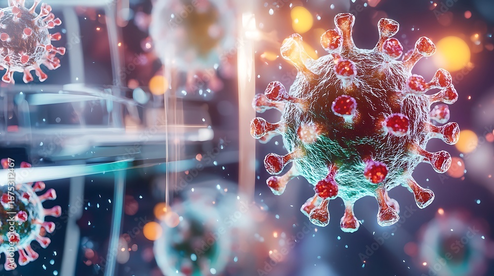Poster close-up view of virus cell structure with colorful background and blurred bokeh effect in a scienti