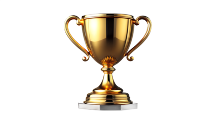 A gleaming golden trophy cup with handles and a detailed base, symbolizing victory and achievement, isolated on a transparent background