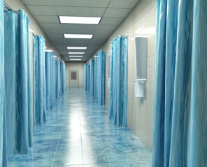 Long Hospital Corridor with Blue Curtains