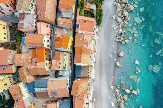 Exploring the colorful coastal village of Varigotti on the Italian Riviera from above, Aerial view of Varigotti on the Italian Riviera in the province of Savona, Liguria, Italy