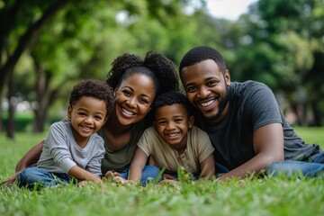 Smiling African American family enjoying a sunny day outdoors in a lush green park, Portrait of attractive smiling African American family having fun in the park