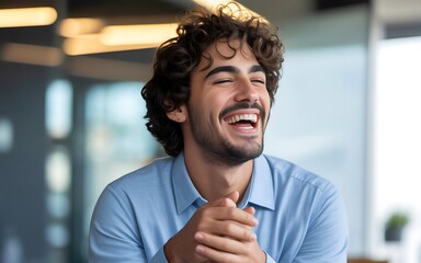 Young man with curly hair laughing heartily with eyes closed