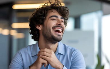 Young man with curly hair laughing heartily with eyes closed indoors