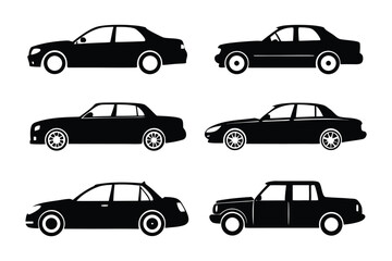Silhouette Sedan Variety: A collection of sleek, black sedan silhouettes showcases diverse designs, offering a graphic resource for automotive, transportation, and design themes. 