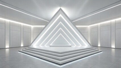 Obraz premium Modern minimalist pyramid stage with integrated led lighting in a clean white architectural space