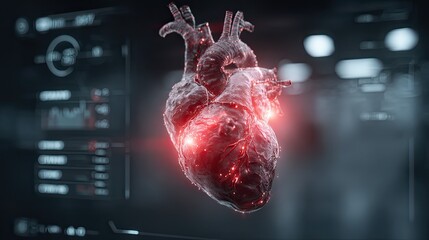 Holographic human heart scan with glowing medical interface, futuristic healthcare cardiology tech concept for ads