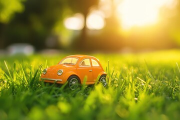 Bright orange toy car resting on lush green grass under warm sunlight in a serene outdoor setting, Orange toy car on green grass in sunlight