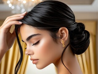 Elegant Profile of a Woman with Long Dark Hair and Beautiful Makeup, Wearing a Stylish Gold Earring in a Luxurious Setting