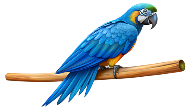 A vibrant blue and yellow macaw parrot with striking plumage, perched elegantly on a wooden branch against a white backdrop isolated on transparent background