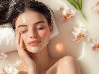 Beautiful woman with hydrating facial treatment surrounded by flowers and candles in serene spa setting