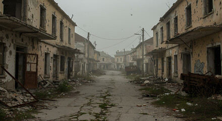 A deserted, war-torn street lined with damaged buildings, a scene of devastation and decay.