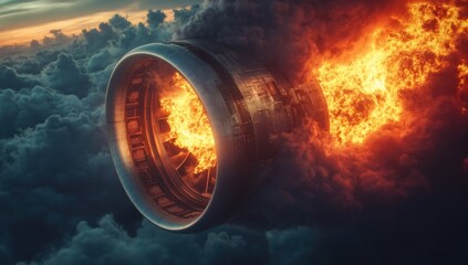 Fiery Jet Engine Failure Above the Clouds