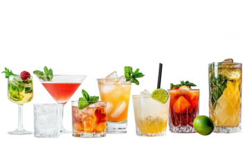 Assortment of refreshing cocktails with fresh garnishes isolated on transparent background