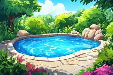 Bright garden swimming pool surrounded by lush greenery and vibrant flowers on a sunny day, swimming pool in the garden, seamless Photo background, cartoon anime style