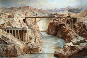 Stunning views of Colorado River with bridge and Hoover Dam under bright sky, Colorado River with a bridge and the Hoover Dam