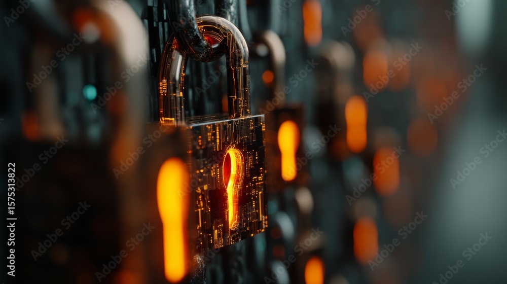 Poster digital lock with circuitry overlay in a futuristic technology background