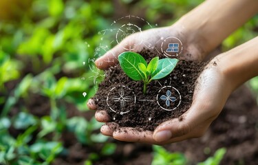 Sustainable Growth: Hands Holding a Sapling with Eco-Friendly Technology Icons