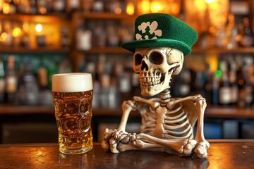 Skeleton in a Leprechaun Hat Enjoying a Beer at a Bar