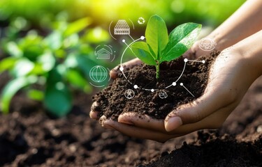 Sustainable Growth: Hands Holding a Sapling Representing Environmental Conservation and Technological Advancements in Agriculture