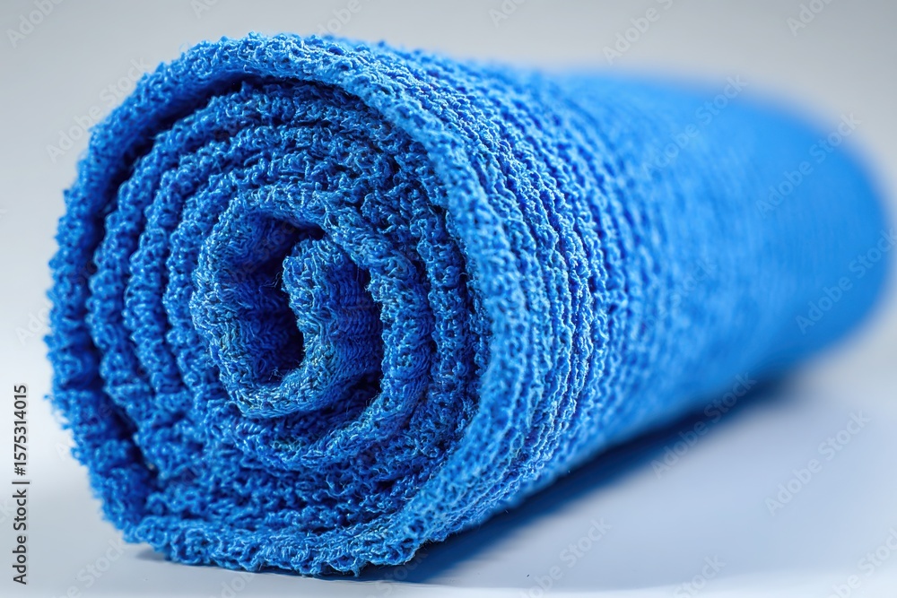 Poster close-up of a rolled blue towel showcasing its texture and color against a soft background