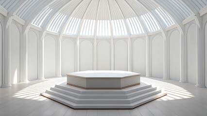 Elegant white octagonal podium on tiered steps bathed in natural light from a domed ceiling