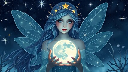 Here's a single sentence to describe the image:

A magical Christmas fairy princess illustration with a wand, stars, and moon in a winter night sky