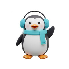 Cute cartoon penguin wearing a blue scarf and earmuffs waving hello isolated on transparent background