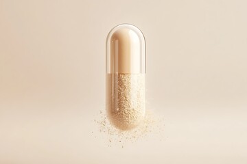 Floating Dietary Supplement Capsule with Beige Powder Contents on Plain Background Closeup