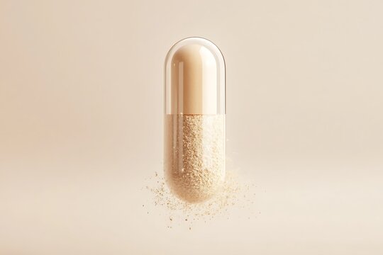 Floating Dietary Supplement Capsule with Beige Powder Contents on Plain Background Closeup