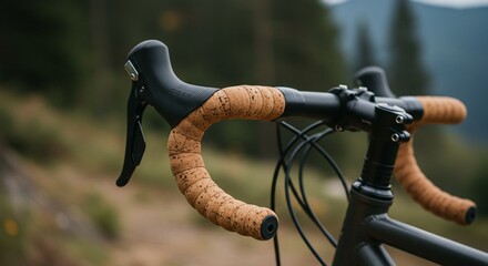 Close-up of a gravel bike handlebar wrapped in cork tape, outdoors