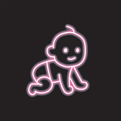 neon art baby crawling isolated on black background. baby crawling icon with glowing neon lines.