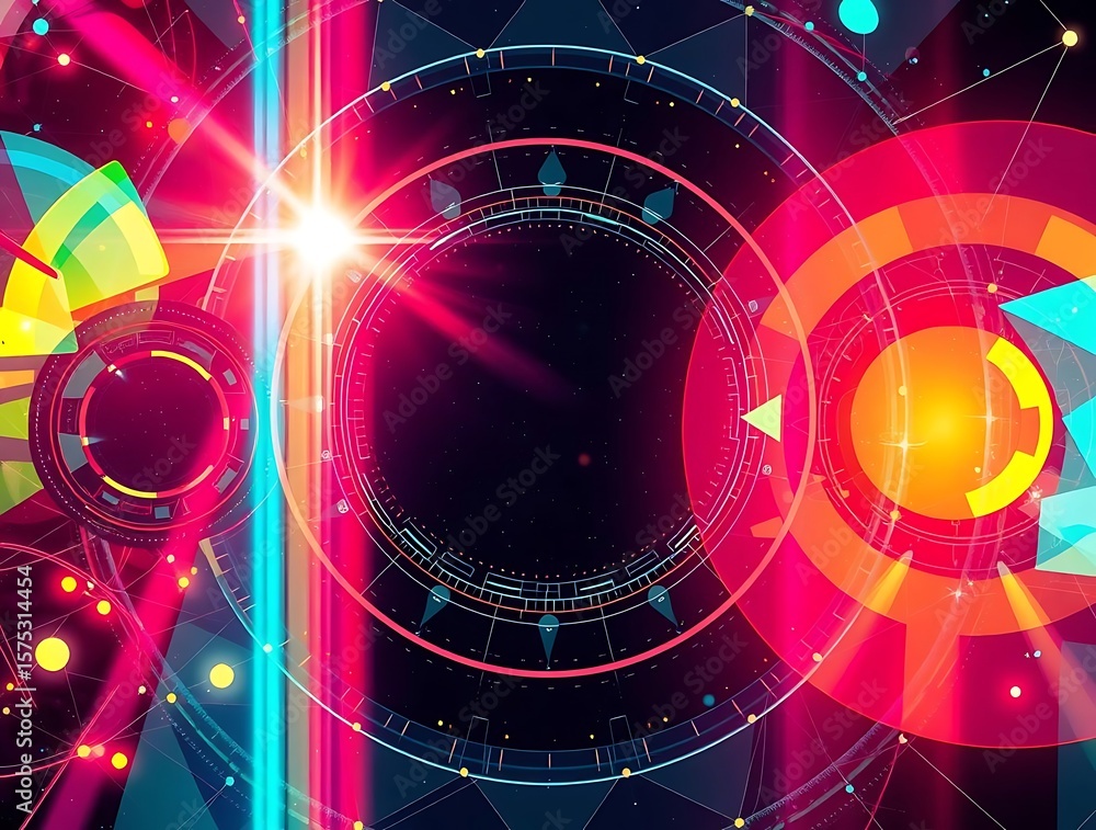 Poster futuristic technology interface display with geometric patterns and bright glow