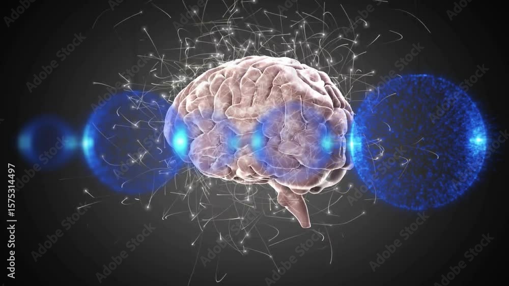 Poster bright blue left light pulse starting brain appearing rotating spheres sparking building neural net