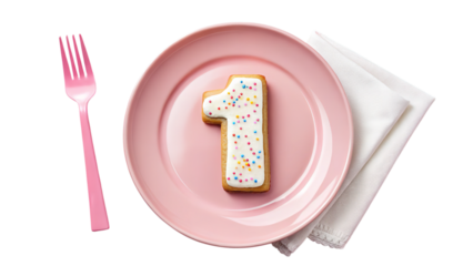 Celebrate first birthday with number one cookie on plate with pink fork props on transparent background