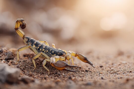 Close-up of a scorpion on sandy terrain during sunset, showcasing its details and natural habitat - Powered by Adobe
