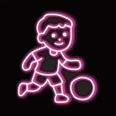 Neon art of a little boy playing ball isolated on a black background. A little boy playing ball icon with glowing neon lines.
