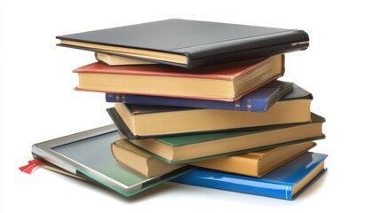 Stack of books and an e-reader on a white background.