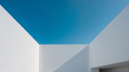 Minimalist architecture meets a perfect blue sky. Clean lines, geometric angles, and stark shadows create a striking, abstract composition.