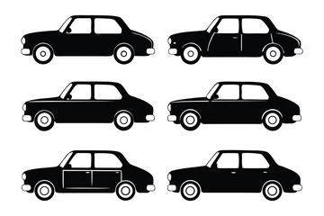 Fototapeta premium Elegant Black Cars Silhouettes: A striking collection of classic black car silhouettes, showcasing a range of vintage models in side profiles, ideal for automotive or design projects.