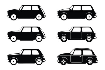Classic Car Collection: A sleek collection of vintage automobiles, meticulously rendered in monochromatic silhouette, represents an era of automotive elegance and timeless design.