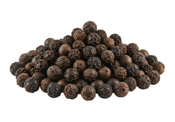 A heap of black peppercorns displayed clearly for culinary, spice, or cooking ingredient themes. Isolated on white or transparent background. PNG format.