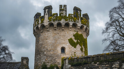 A moss-covered medieval tower stands against a brooding, overcast sky. The ancient stone battlements and weathered walls evoke history and timeless strength.