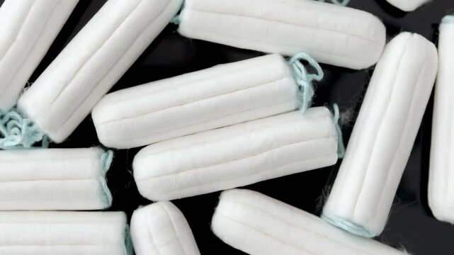 Multiple tampons rotate on dark floor with clean lighting and soft shadows, for hygiene product promo