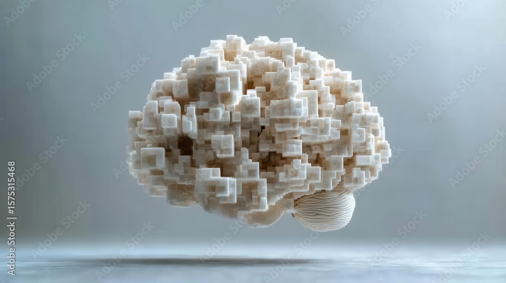 Poster explore conceptual brain made of cubes, representing complexity and innovation