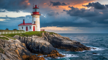 A classic red-and-white lighthouse stands on rugged coastal cliffs at sunset, overlooking the crashing ocean waves beneath a dramatic, colorful sky.