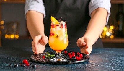 Cóctel cítrico con frutos rojos y hielo siendo decorado por bartender en bar moderno y elegante
