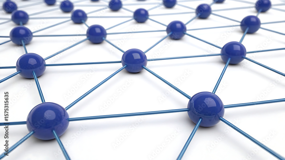 Poster network of interconnected blue spheres 3 d rendering blue lines white background minimalist design 3