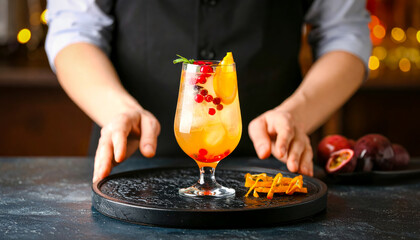 Cóctel afrutado con rodajas de naranja y cerezas servido por bartender en barra elegante
