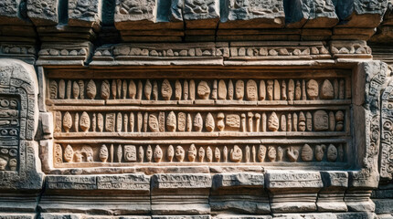 Intricate carvings on the weathered wall of an ancient ruin. Rows of mysterious symbols and figures in relief hint at a lost civilization and its history.