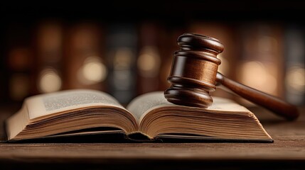 Gavel resting beside open law book on desk, symbolizing legal authority, court judgment, and judicial decisions